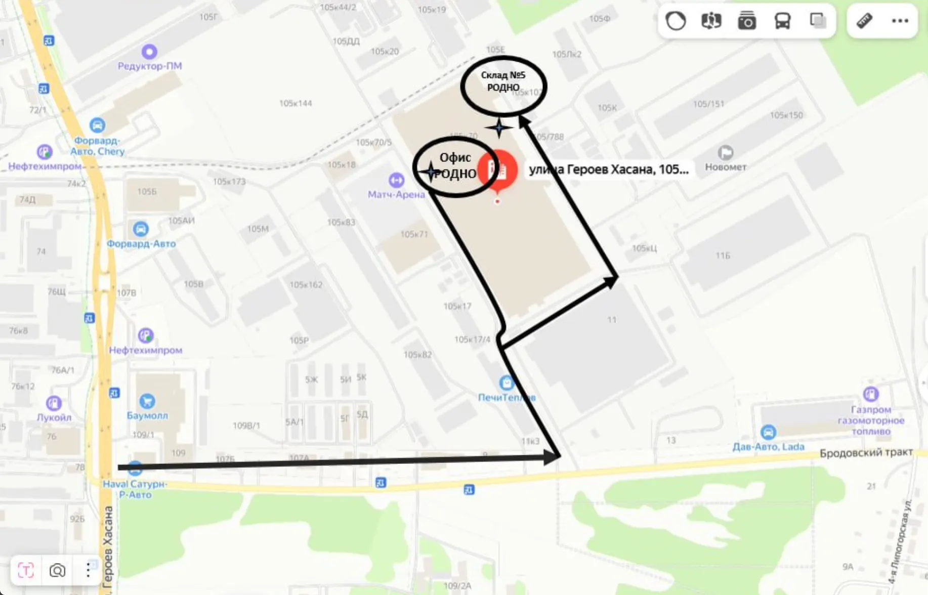 Схема проезда к складу Родно